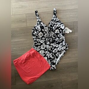 NWT Jantzen Black & White One Piece Bathing Suit With Orange Swim Skirt Size 26W